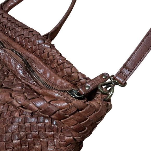 Fossil Woven Brown Leather Tote Bag with Strap Boho Artisan Satchel - Picture 5 of 14